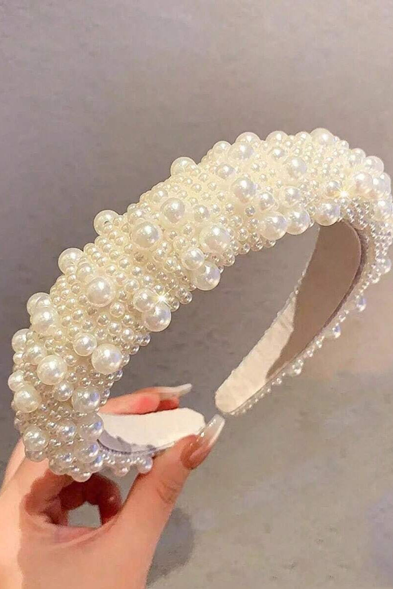 Mixed Size Pearl Cluster Padded Headband Chunky Beaded Bridal Hair Band