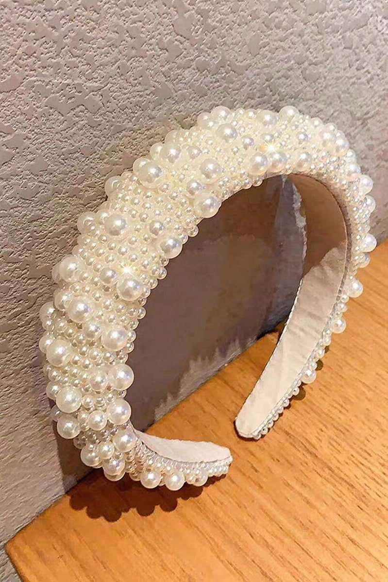 Mixed Size Pearl Cluster Padded Headband Chunky Beaded Bridal Hair Band