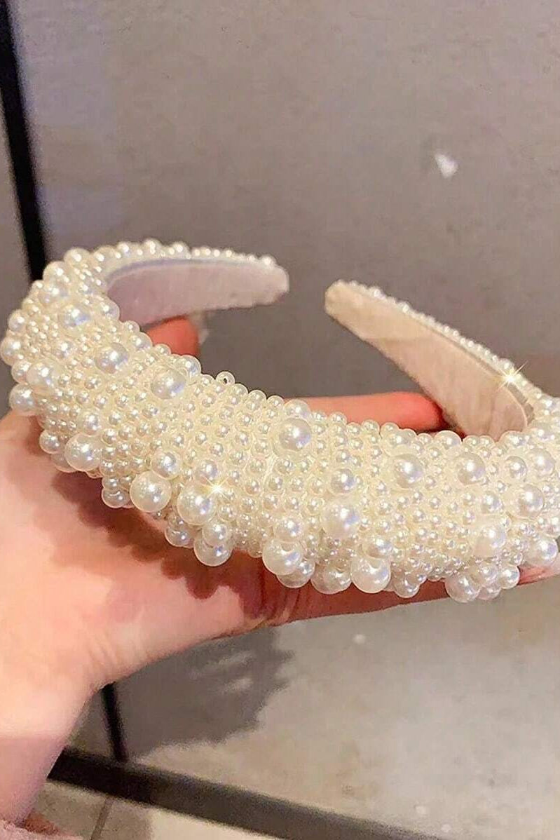 Mixed Size Pearl Cluster Padded Headband Chunky Beaded Bridal Hair Band