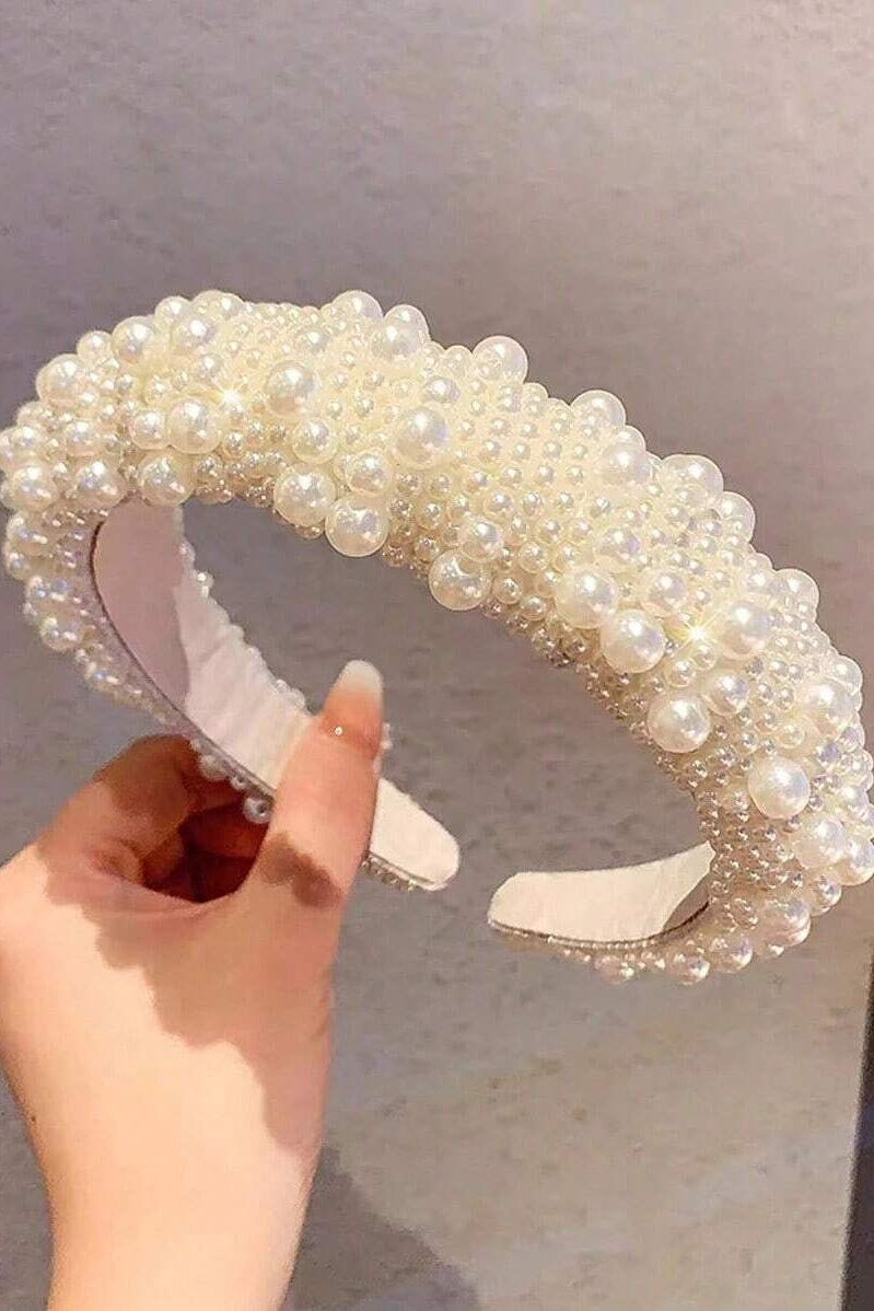 Mixed Size Pearl Cluster Padded Headband Chunky Beaded Bridal Hair Band