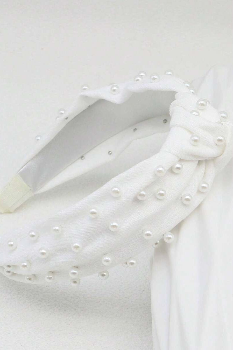 White Knotted Pearl Headband Top Knot Wide Pearl Hair Band