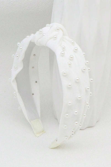 White Knotted Pearl Headband Top Knot Wide Pearl Hair Band