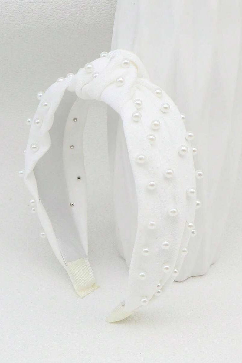 White Knotted Pearl Headband Top Knot Wide Pearl Hair Band