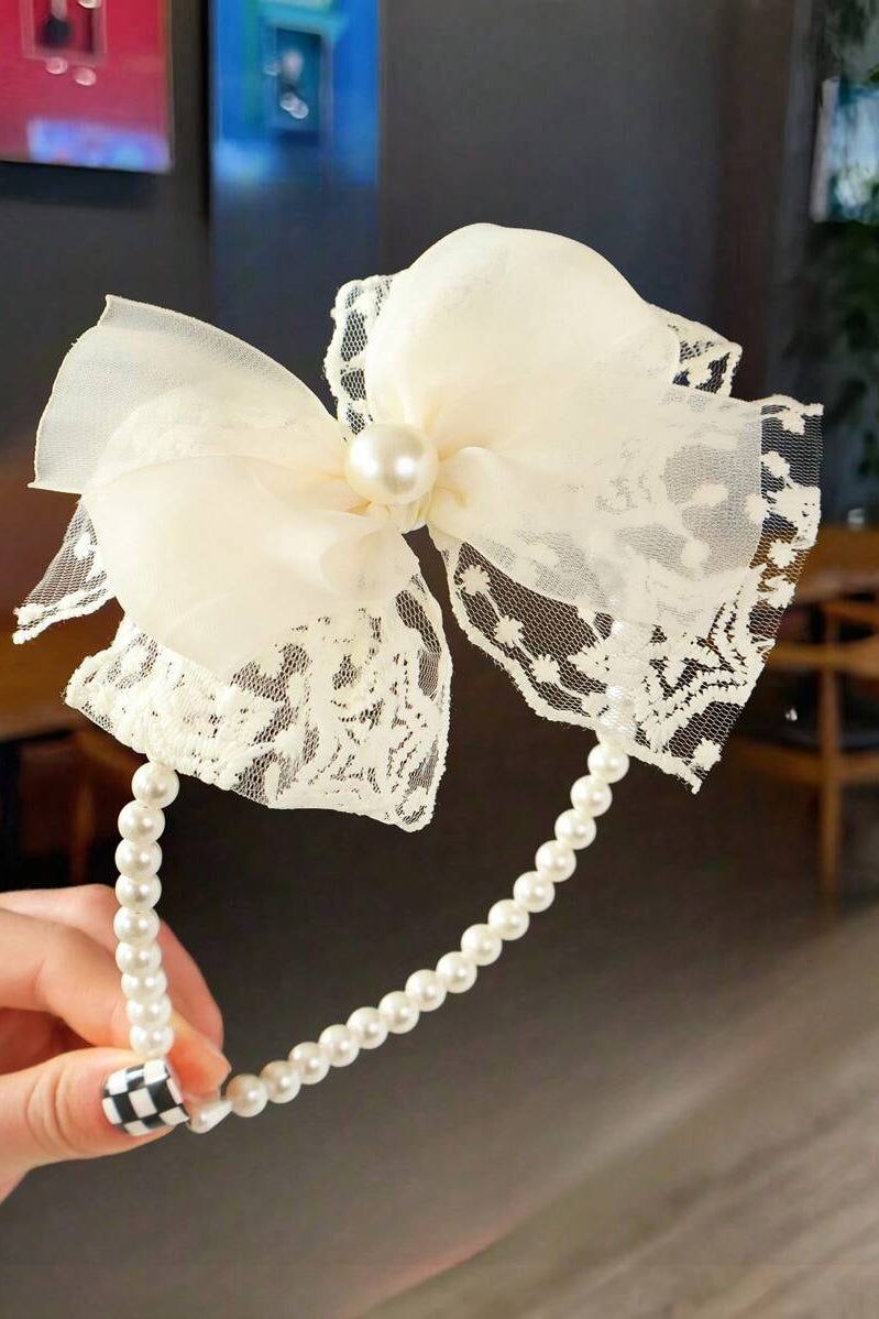 Cream Lace Tulle Bow Pearl Headband Vintage Bridal Hair Band
