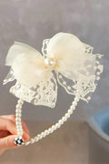 Cream Lace Tulle Bow Pearl Headband Vintage Bridal Hair Band