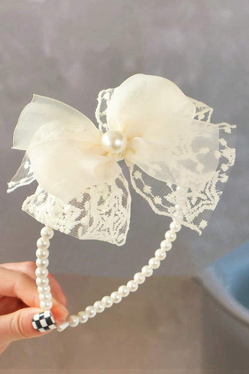 Cream Lace Tulle Bow Pearl Headband Vintage Bridal Hair Band