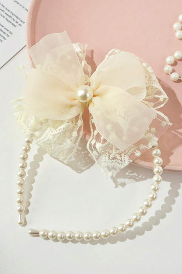 Cream Lace Tulle Bow Pearl Headband Vintage Bridal Hair Band