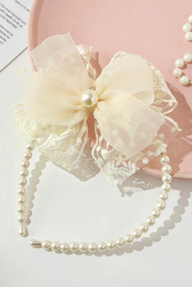 Cream Lace Tulle Bow Pearl Headband Vintage Bridal Hair Band