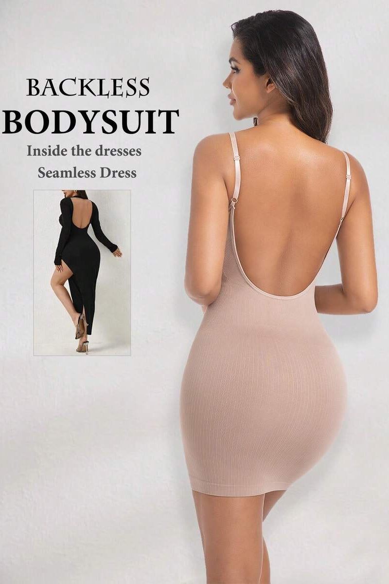 Deep U Backless Ribbed Spaghetti Strap Shaper Dress