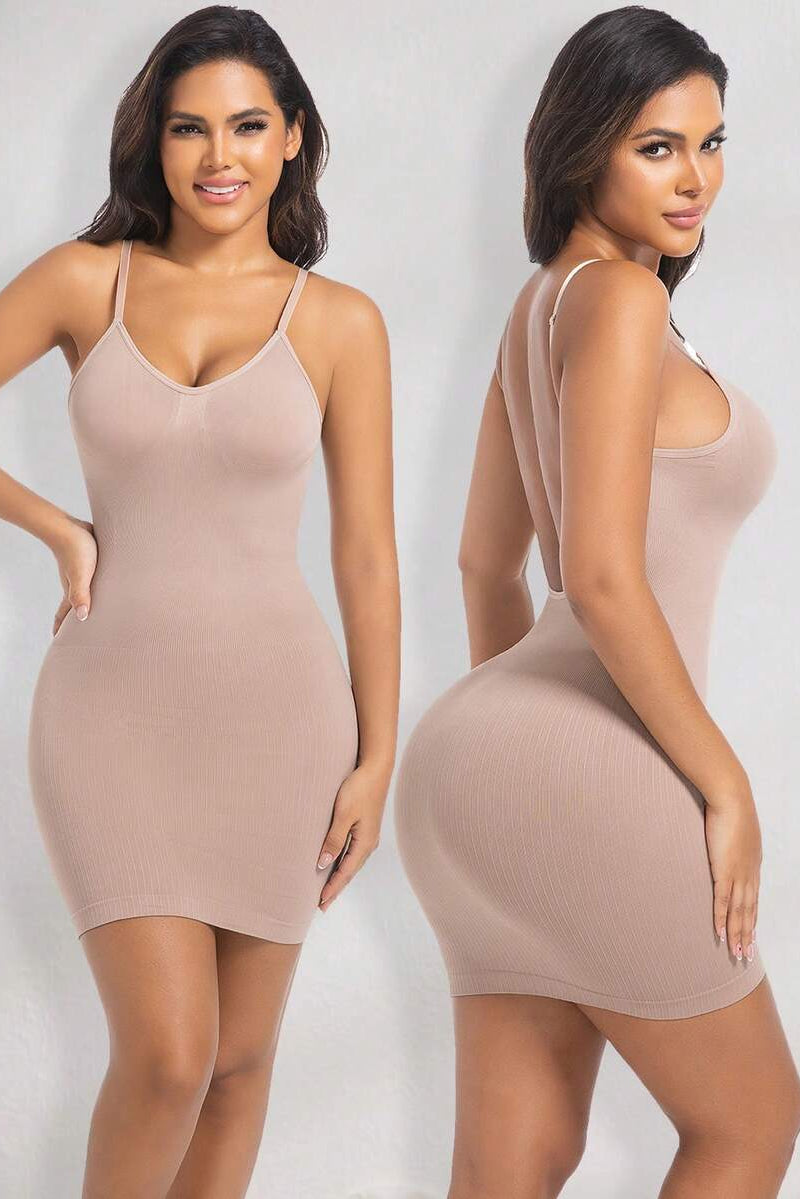 Deep U Backless Ribbed Spaghetti Strap Shaper Dress