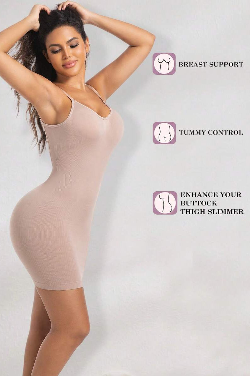 Deep U Backless Ribbed Spaghetti Strap Shaper Dress