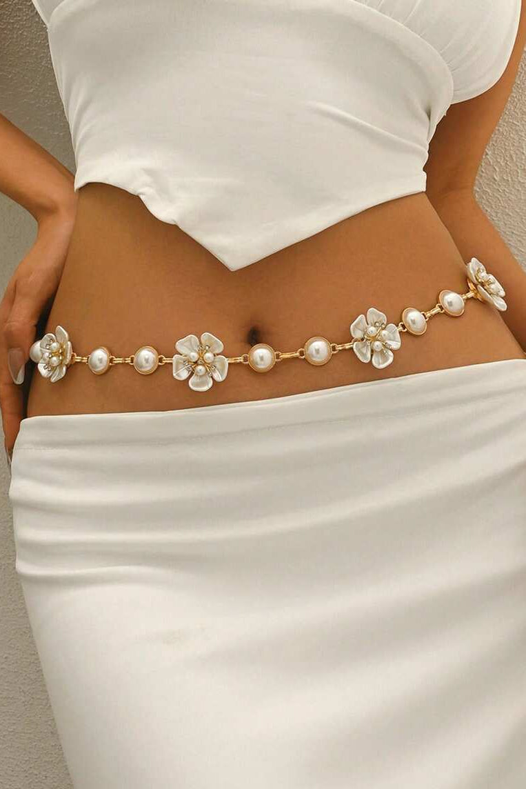 Flower Pearl Waist Chain Gold Adjustable Floral Body Chain Women Dress Waist Belt