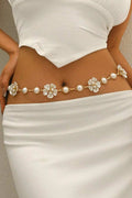 Flower Pearl Waist Chain Gold Adjustable Floral Body Chain Women Dress Waist Belt