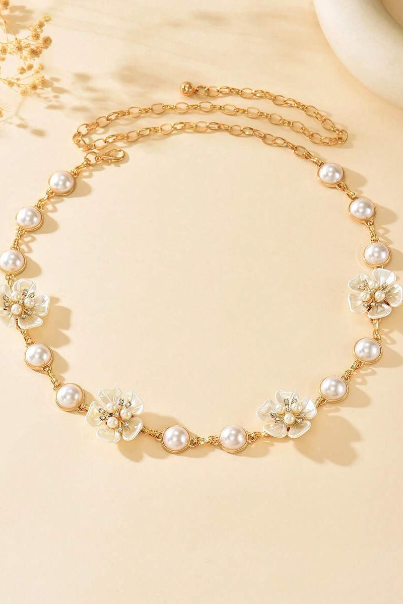 Flower Pearl Waist Chain Gold Adjustable Floral Body Chain Women Dress Waist Belt
