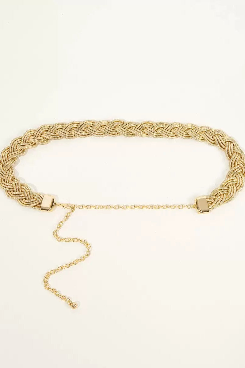 Shimmer Gold Braided Waist Belt Adjustable Woven Waist Chain Women Fashion Belt