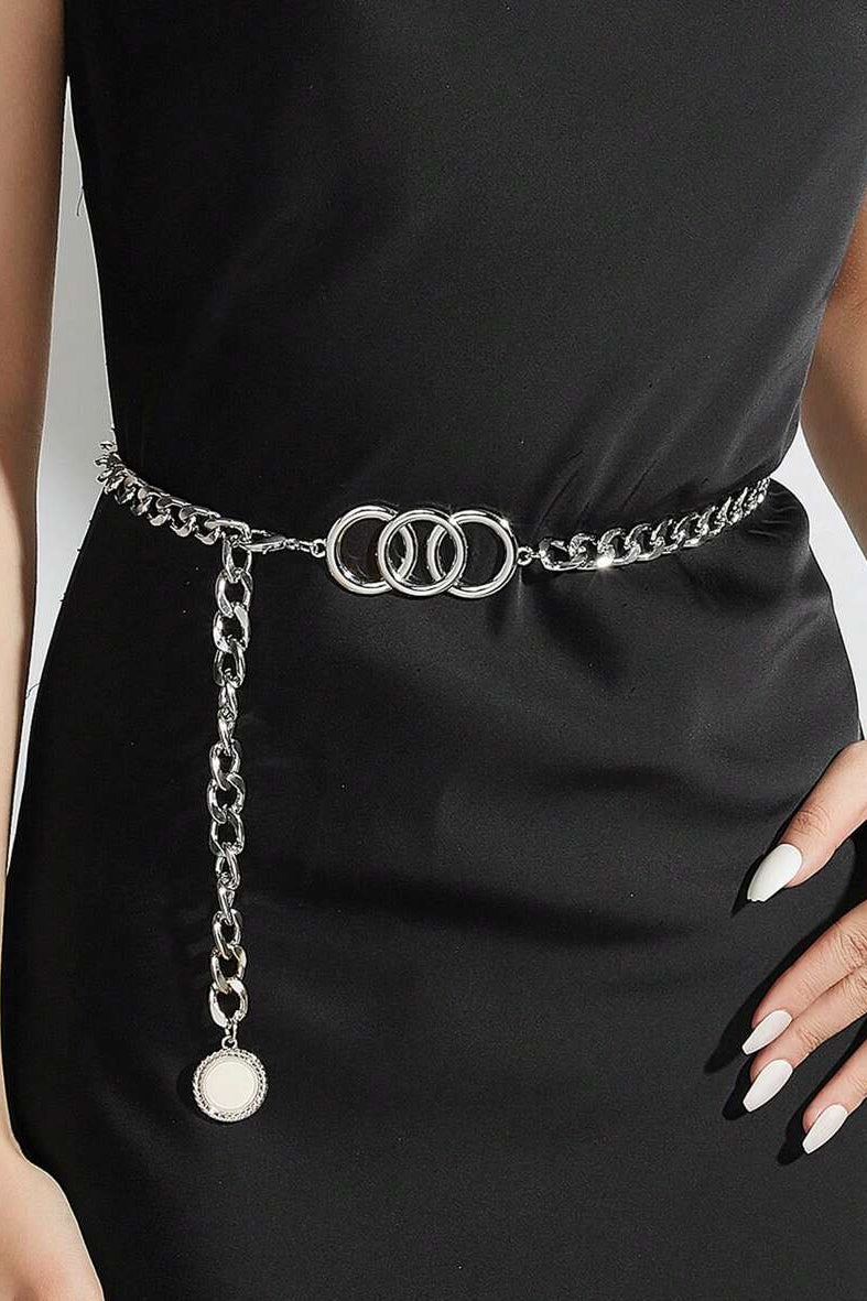 Silver Triple Ring Chain Waist Belt Coin Tassel Adjustable Metal Waist Chain for Women