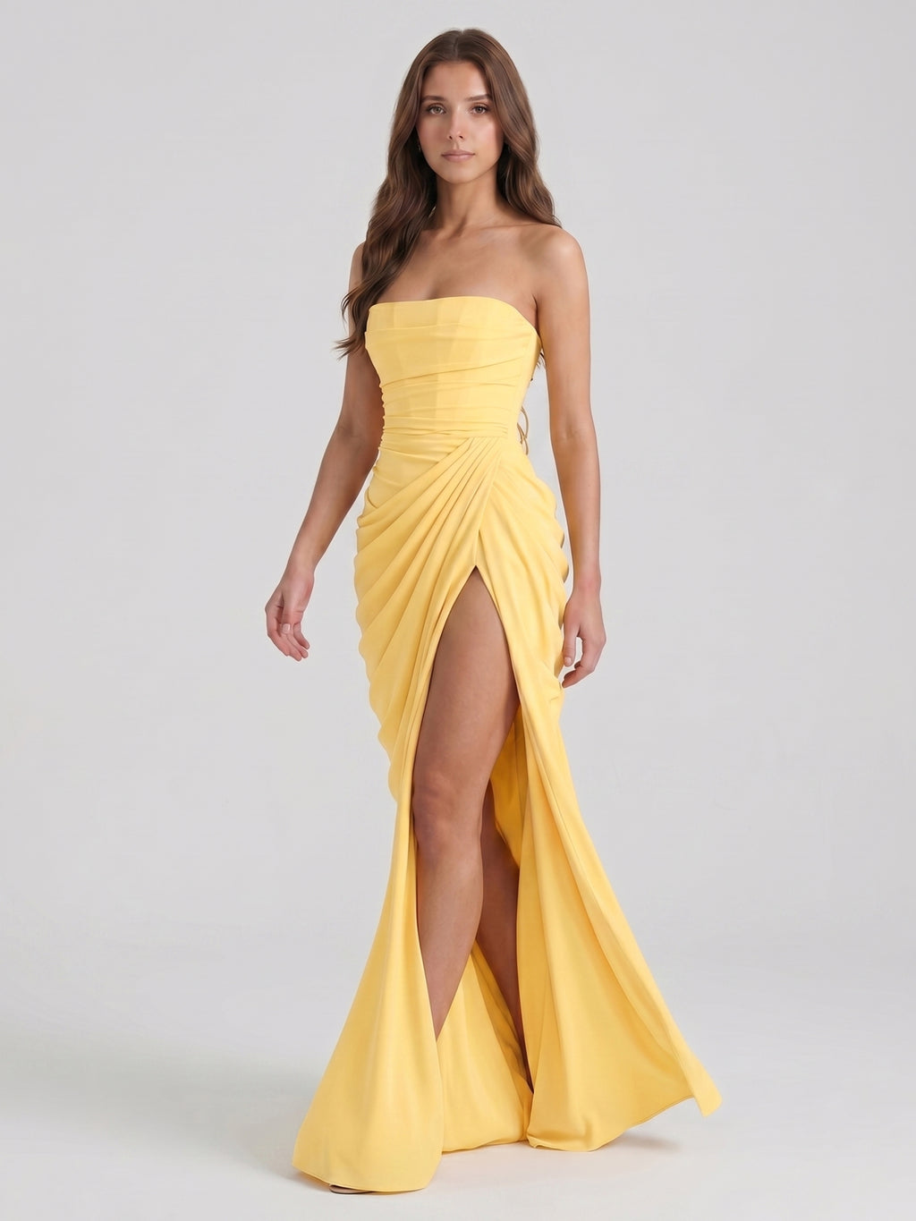Daffodil Stretch knit A-Line Straight Neck Criss-Cross Bridesmaid Dress with Pleats