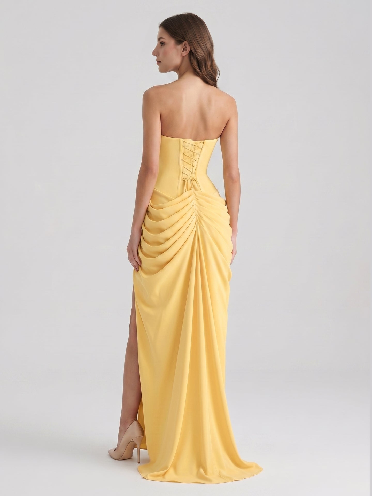 Daffodil Stretch knit A-Line Straight Neck Criss-Cross Bridesmaid Dress with Pleats