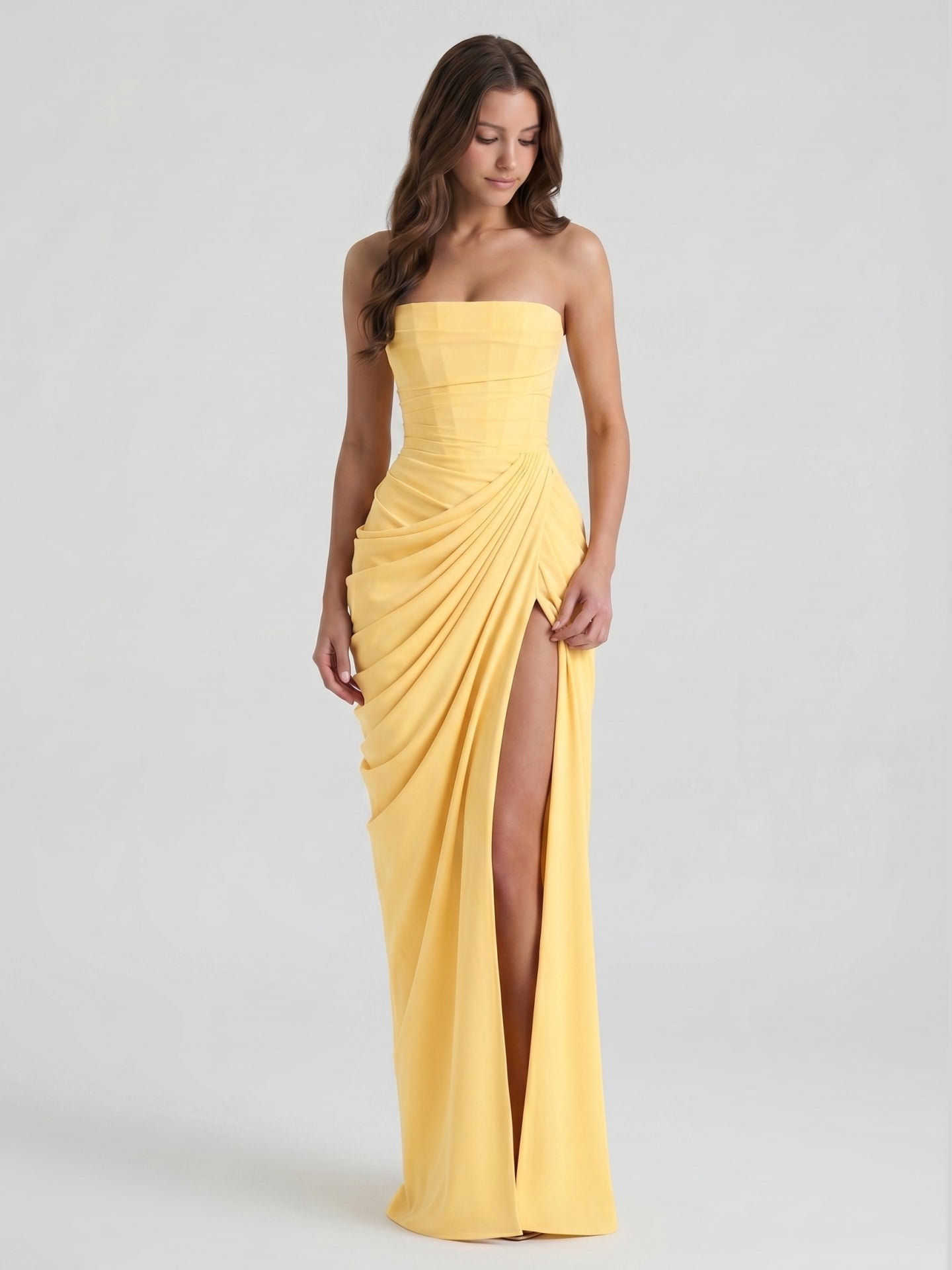 Daffodil Stretch knit A-Line Straight Neck Criss-Cross Bridesmaid Dress with Pleats