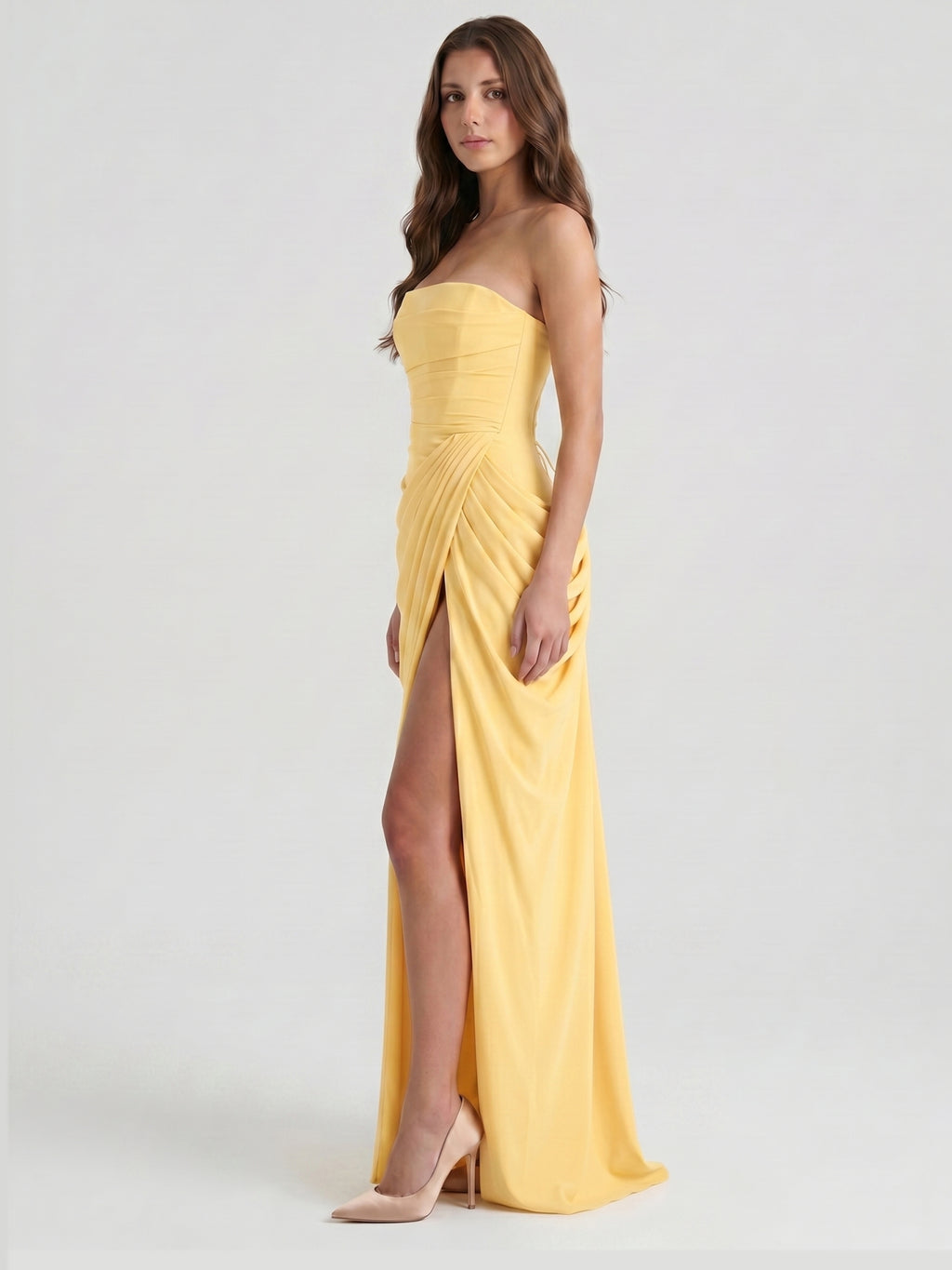 Daffodil Stretch knit A-Line Straight Neck Criss-Cross Bridesmaid Dress with Pleats