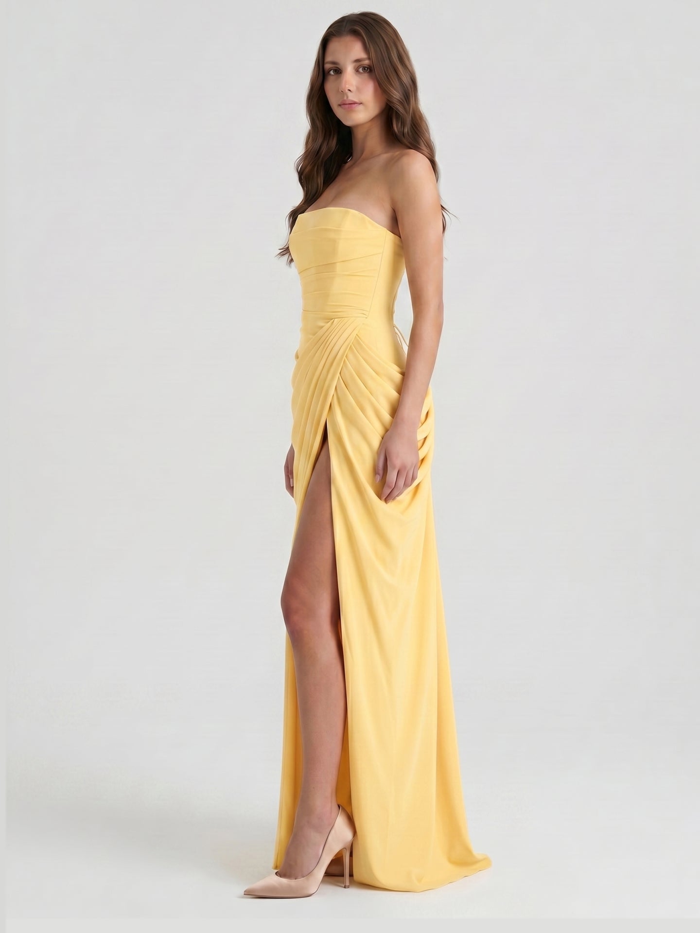 Daffodil Stretch knit A-Line Straight Neck Criss-Cross Bridesmaid Dress with Pleats