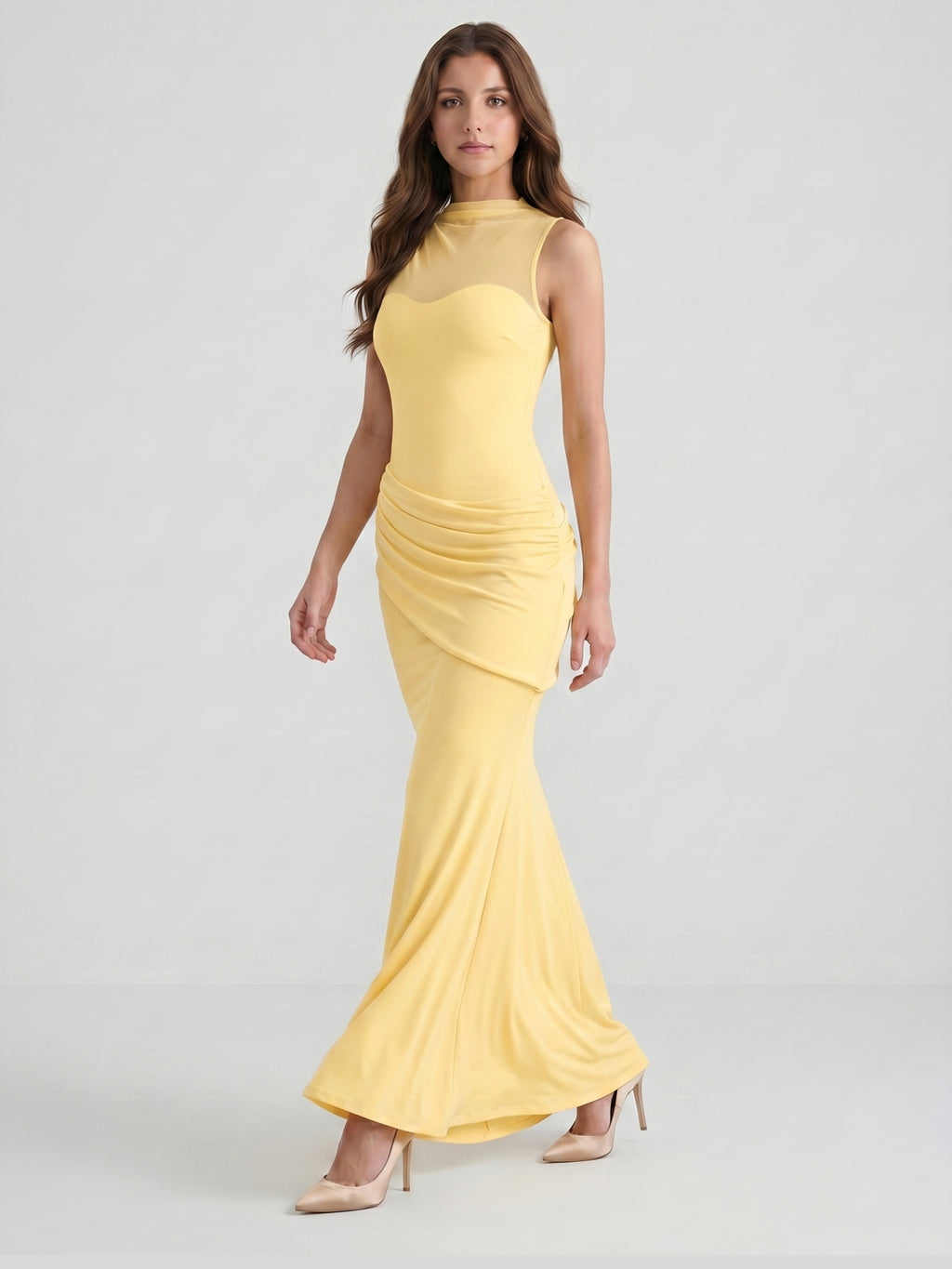 Daffodil Stretch Knit Trumpet Scoop Neck Illusion Floor-Length Bridesmaid Dress with Pleats