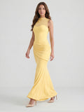 Daffodil Stretch Knit Trumpet Scoop Neck Illusion Floor-Length Bridesmaid Dress with Pleats