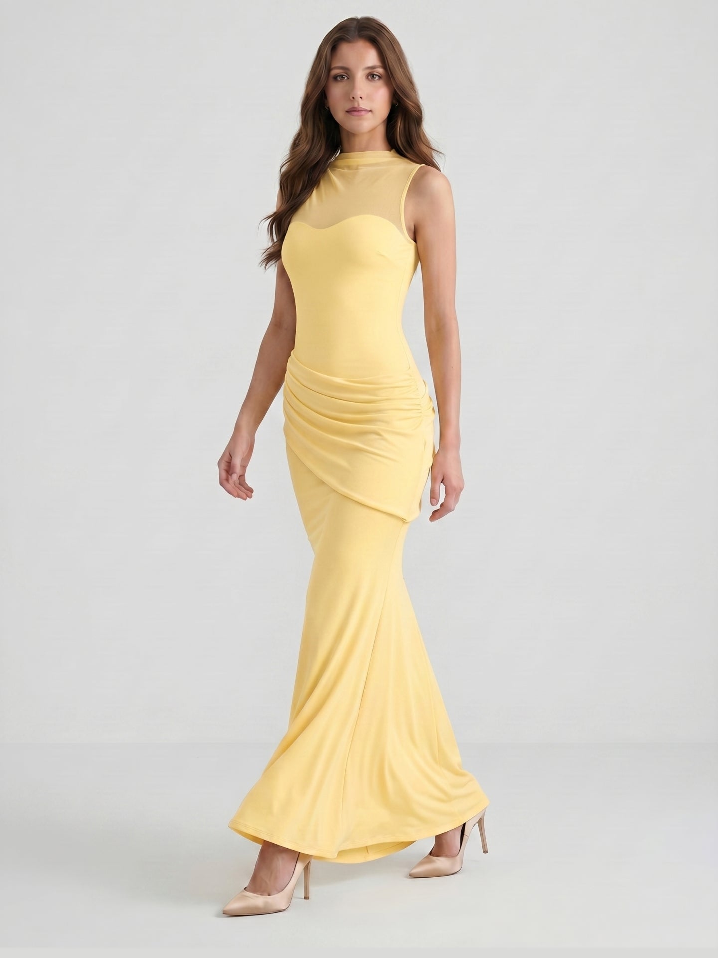 Daffodil Stretch Knit Trumpet Scoop Neck Illusion Floor-Length Bridesmaid Dress with Pleats