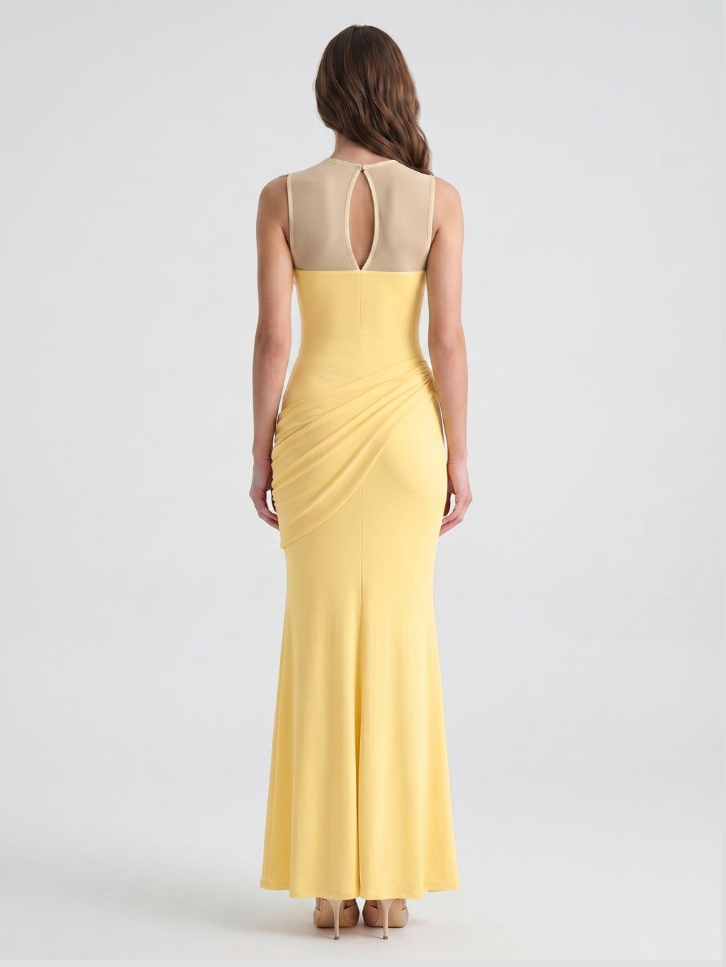 Daffodil Stretch Knit Trumpet Scoop Neck Illusion Floor-Length Bridesmaid Dress with Pleats