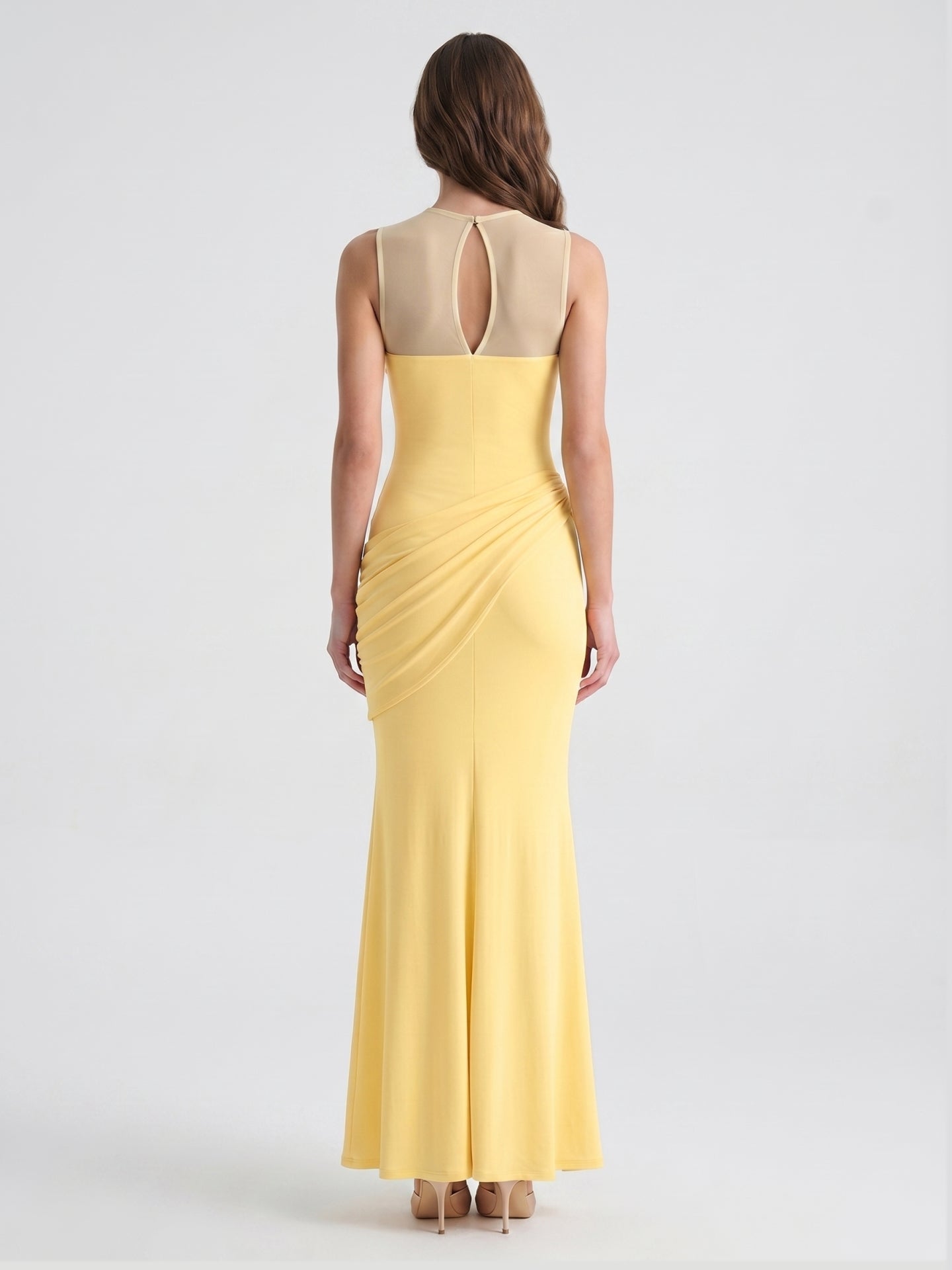 Daffodil Stretch Knit Trumpet Scoop Neck Illusion Floor-Length Bridesmaid Dress with Pleats