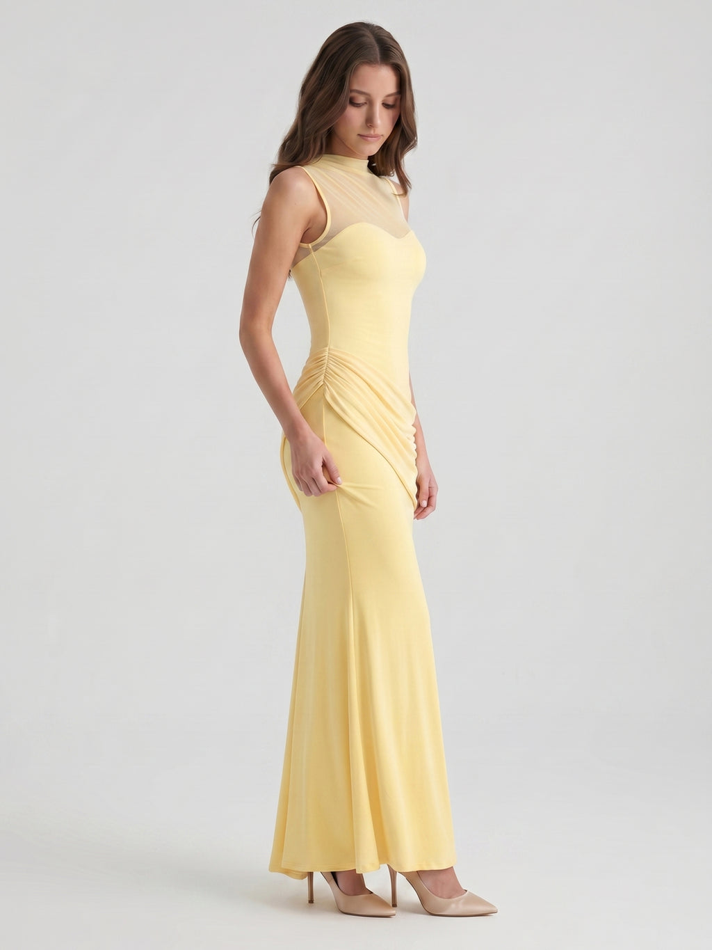 Daffodil Stretch Knit Trumpet Scoop Neck Illusion Floor-Length Bridesmaid Dress with Pleats
