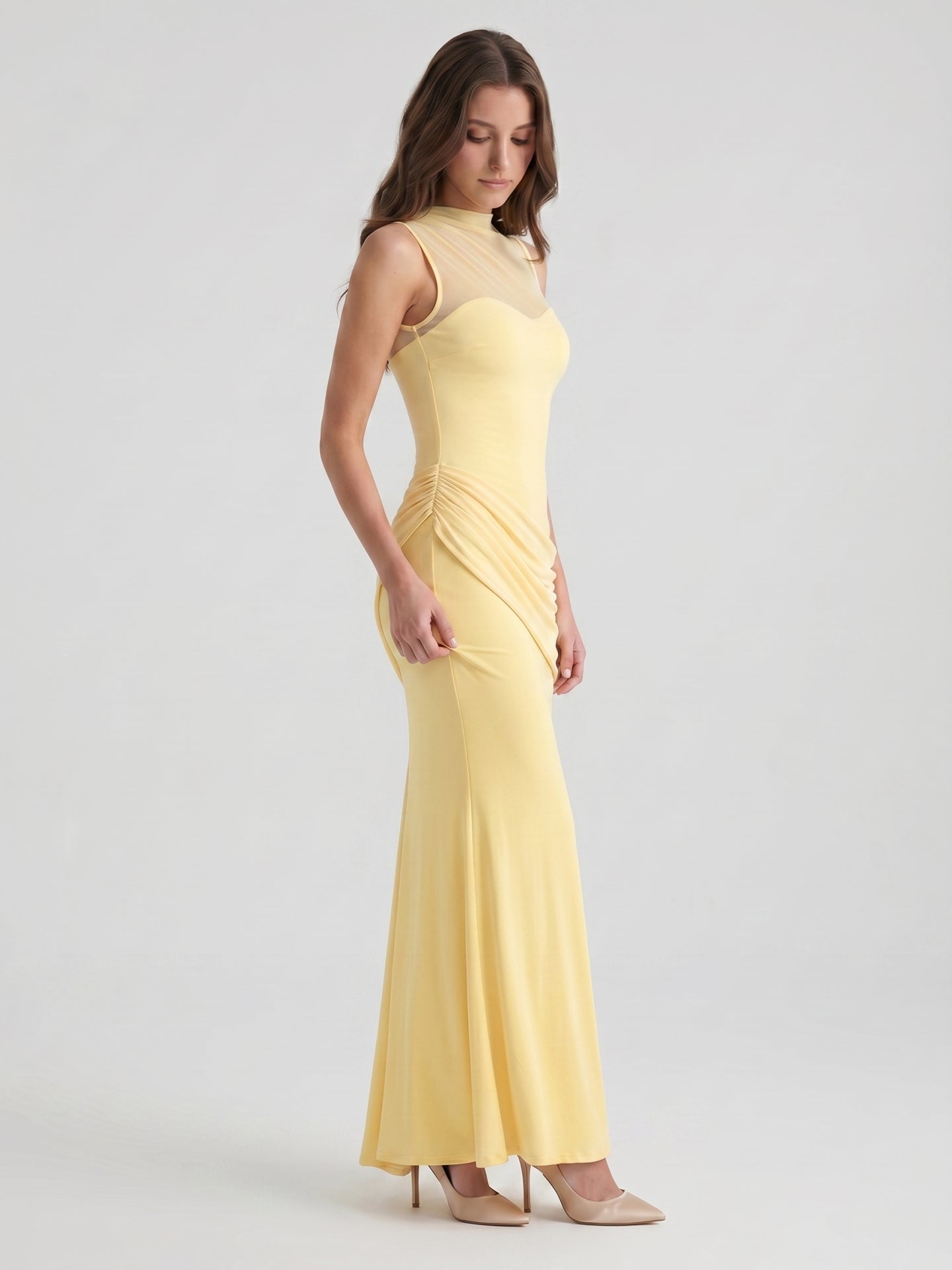 Daffodil Stretch Knit Trumpet Scoop Neck Illusion Floor-Length Bridesmaid Dress with Pleats