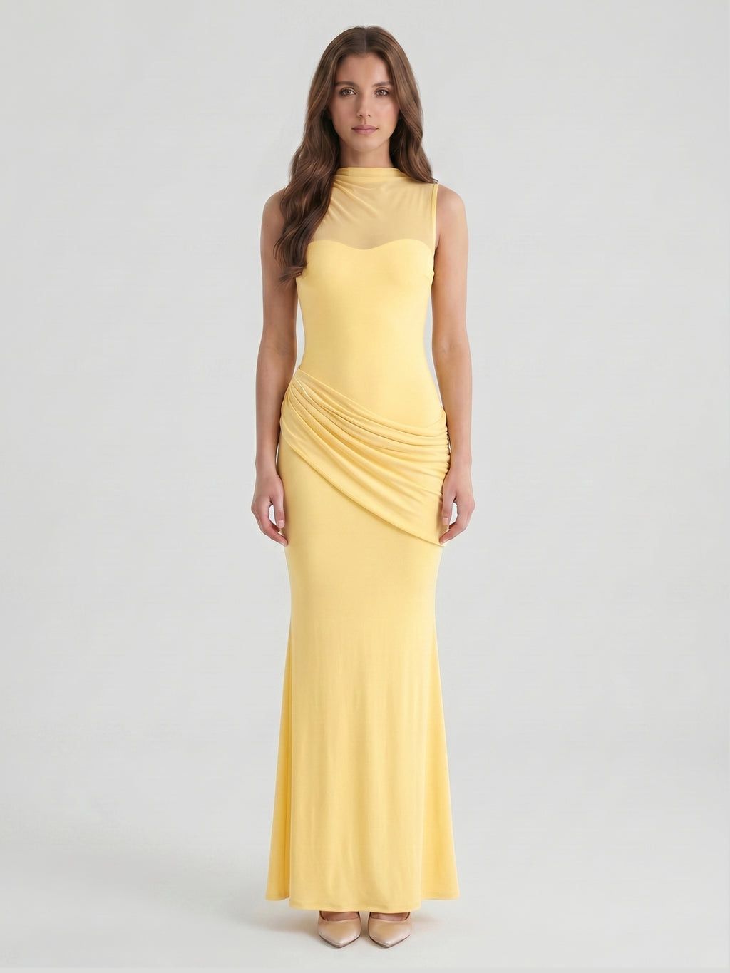 Daffodil Stretch Knit Trumpet Scoop Neck Illusion Floor-Length Bridesmaid Dress with Pleats