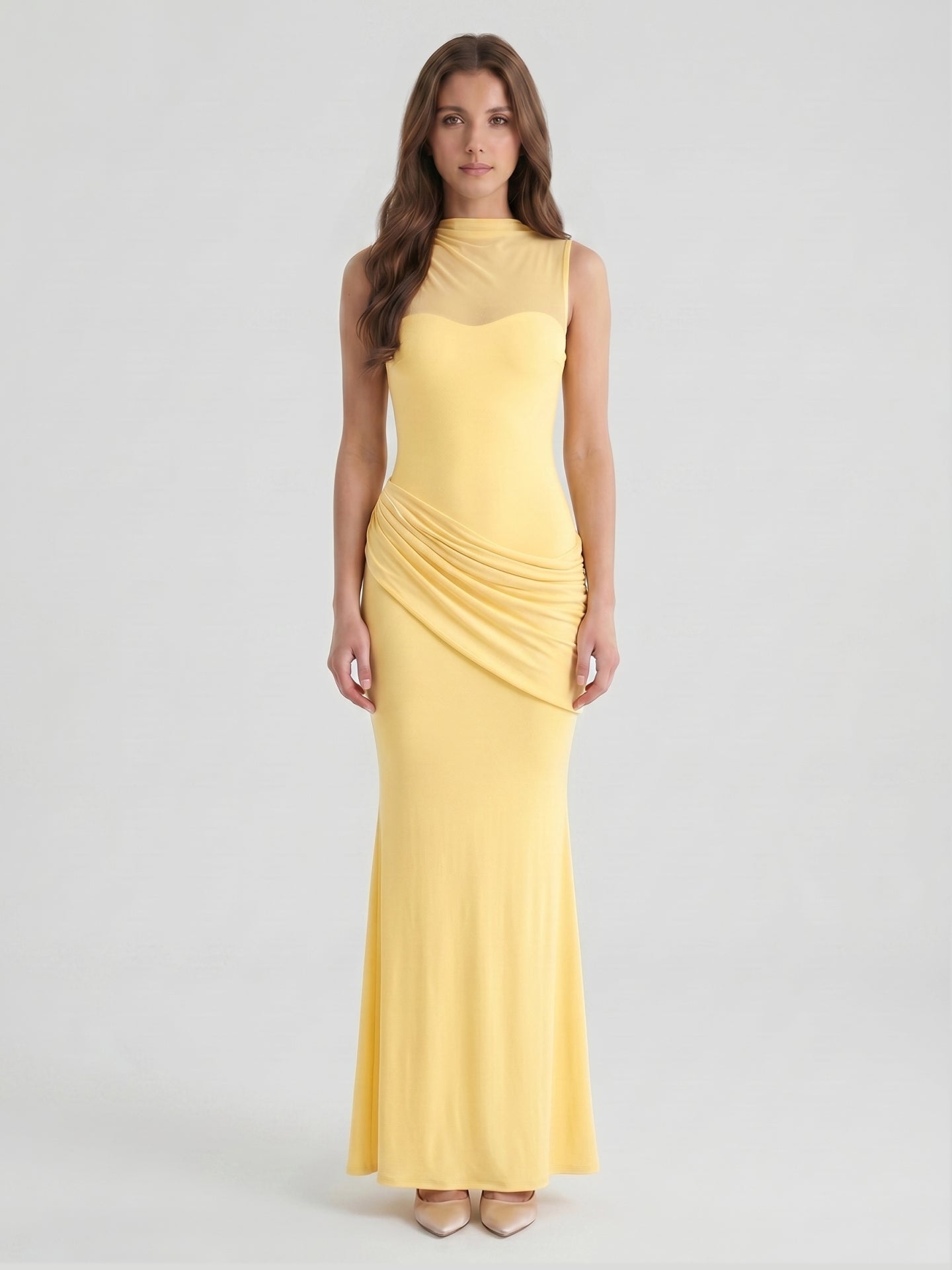 Daffodil Stretch Knit Trumpet Scoop Neck Illusion Floor-Length Bridesmaid Dress with Pleats