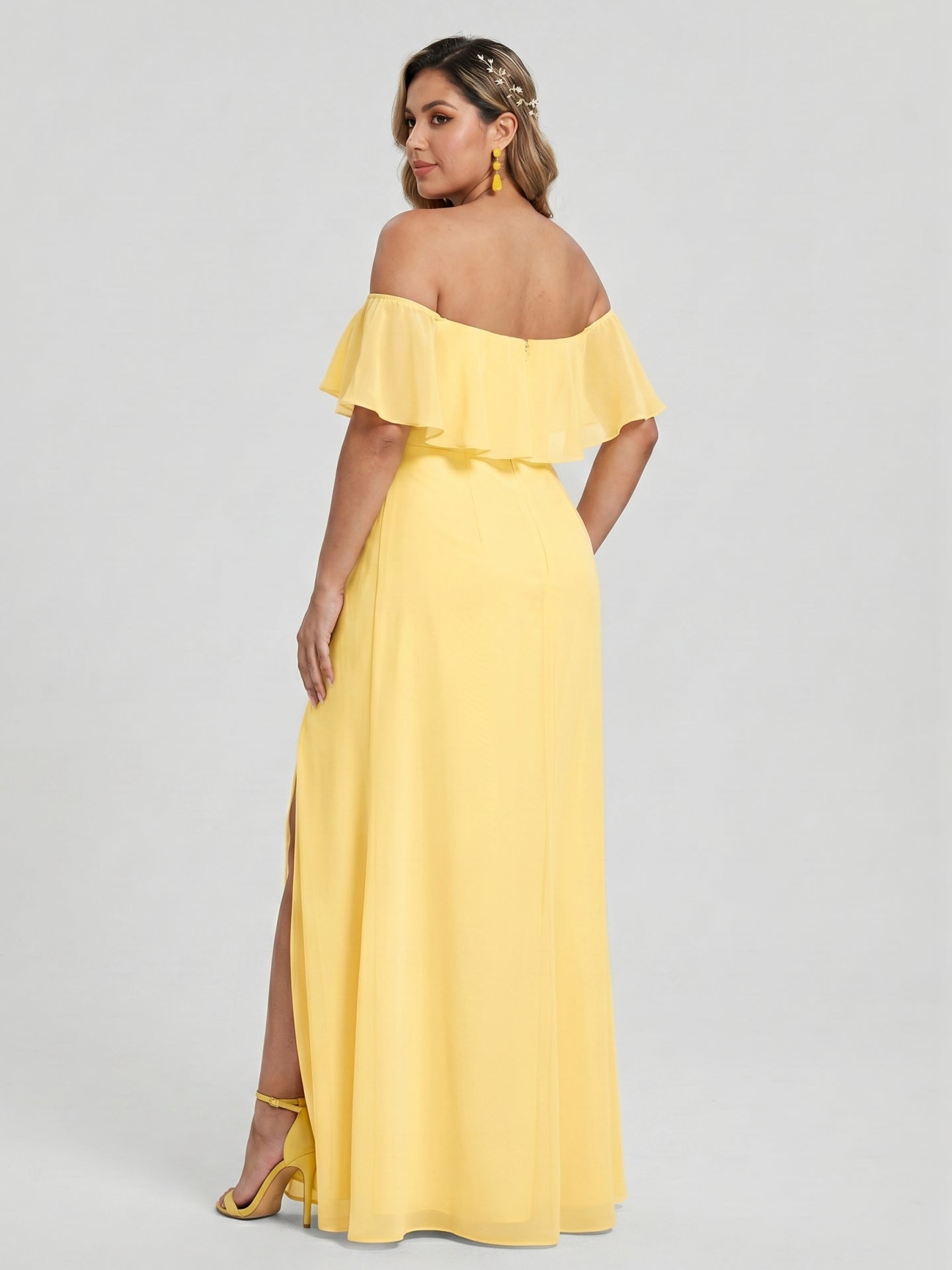 Elegant Daffodil Chiffon A-Line Off-the-Shoulder Back Zip with Ruffle Accents Ankle-Length Plus Size Bridesmaid Dress