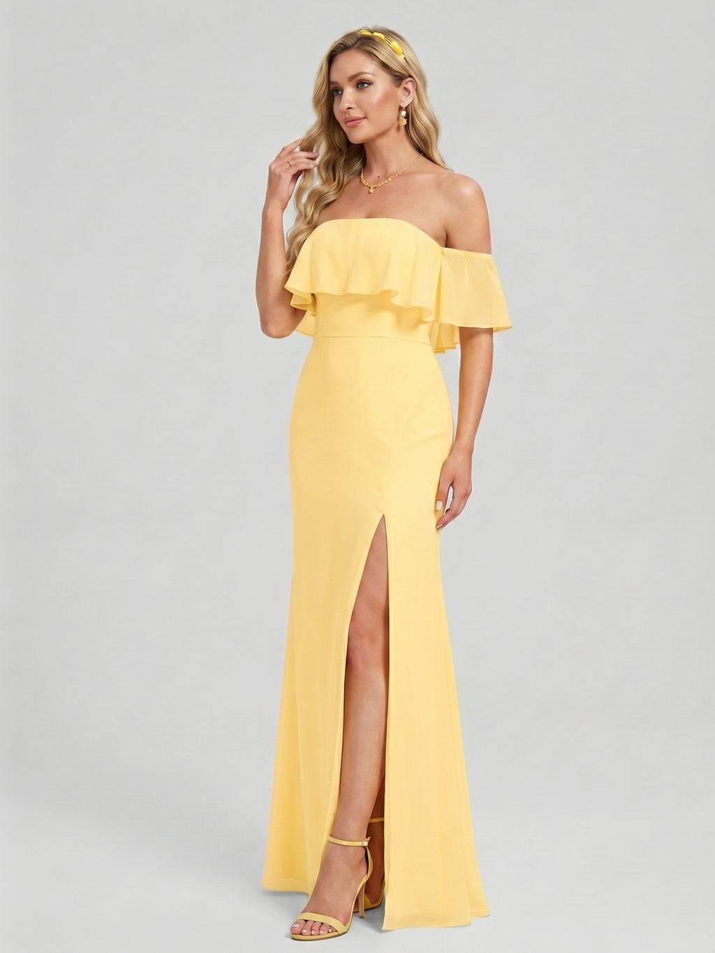 Elegant Daffodil Chiffon A-Line Off-the-Shoulder Back Zip with Ruffle Accents Ankle-Length Plus Size Bridesmaid Dress