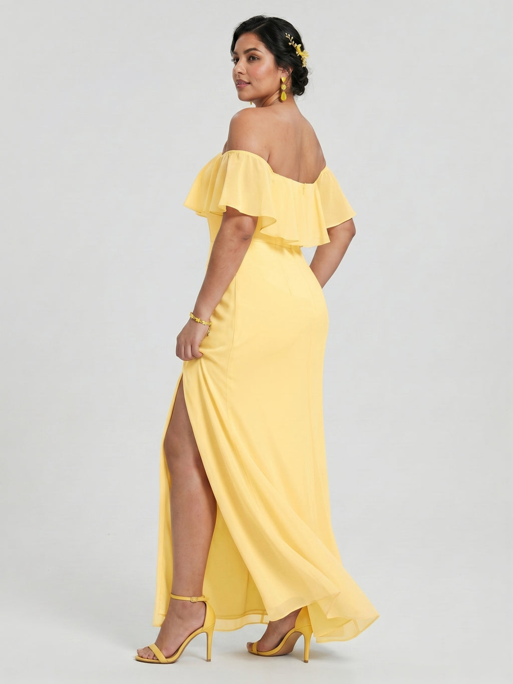 Elegant Daffodil Chiffon A-Line Off-the-Shoulder Back Zip with Ruffle Accents Ankle-Length Plus Size Bridesmaid Dress