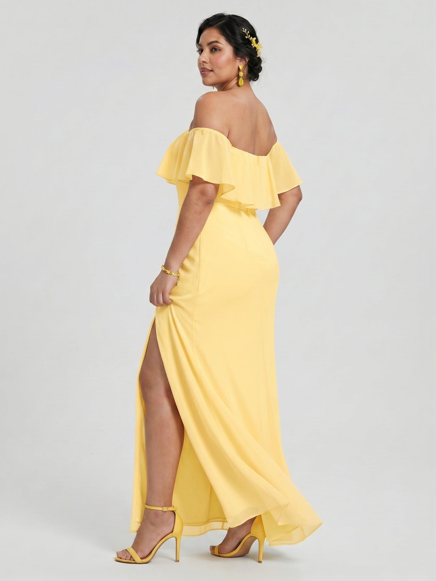 Elegant Daffodil Chiffon A-Line Off-the-Shoulder Back Zip with Ruffle Accents Ankle-Length Plus Size Bridesmaid Dress
