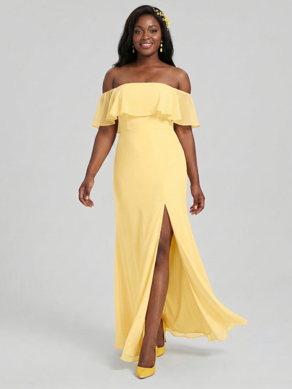 Elegant Daffodil Chiffon A-Line Off-the-Shoulder Back Zip with Ruffle Accents Ankle-Length Plus Size Bridesmaid Dress