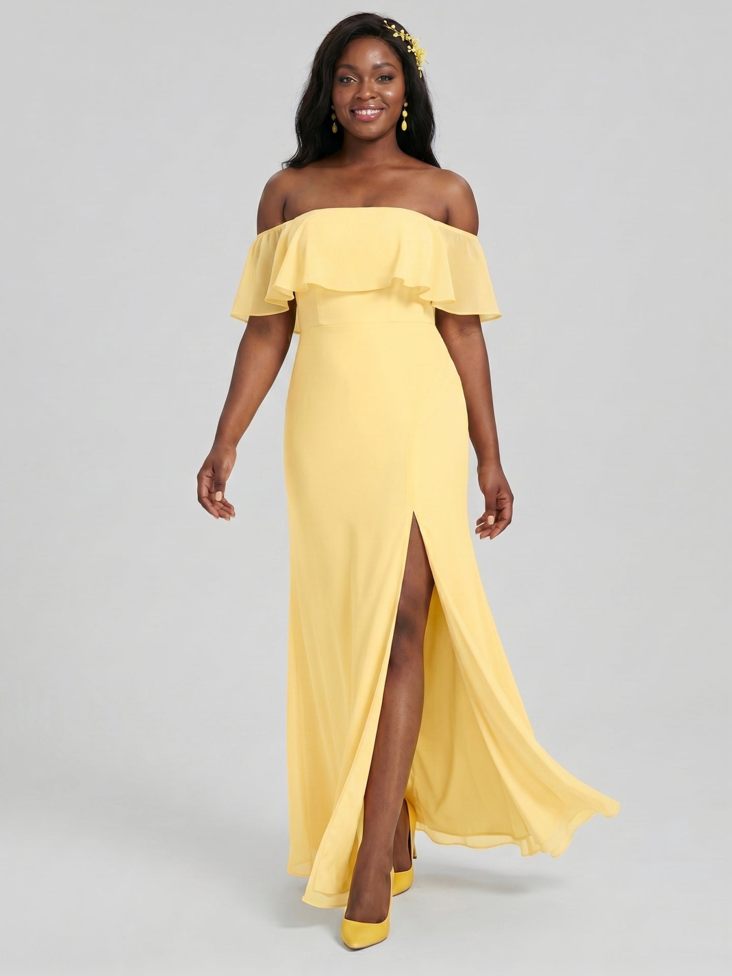 Elegant Daffodil Chiffon A-Line Off-the-Shoulder Back Zip with Ruffle Accents Ankle-Length Plus Size Bridesmaid Dress
