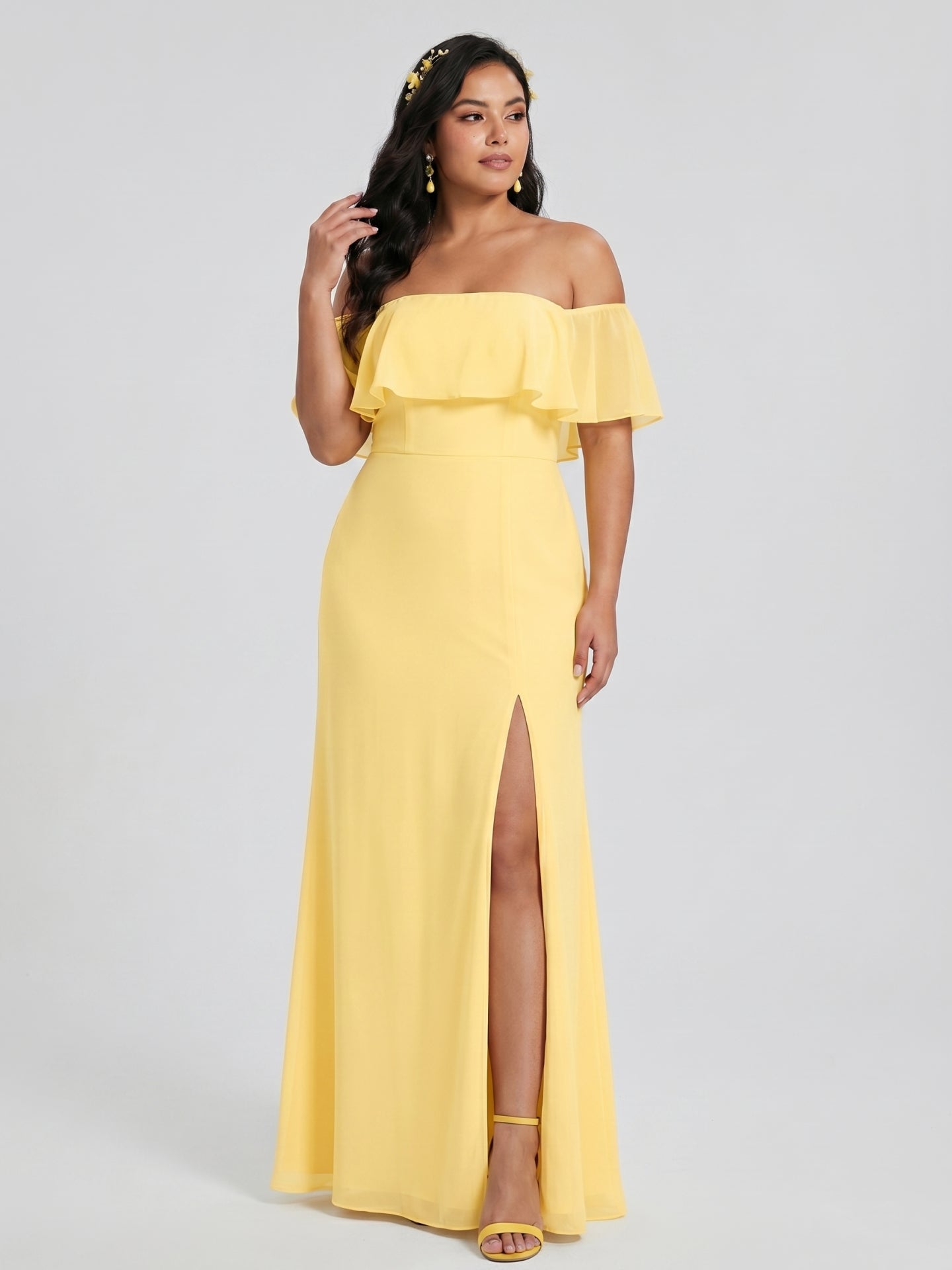 Elegant Daffodil Chiffon A-Line Off-the-Shoulder Back Zip with Ruffle Accents Ankle-Length Plus Size Bridesmaid Dress