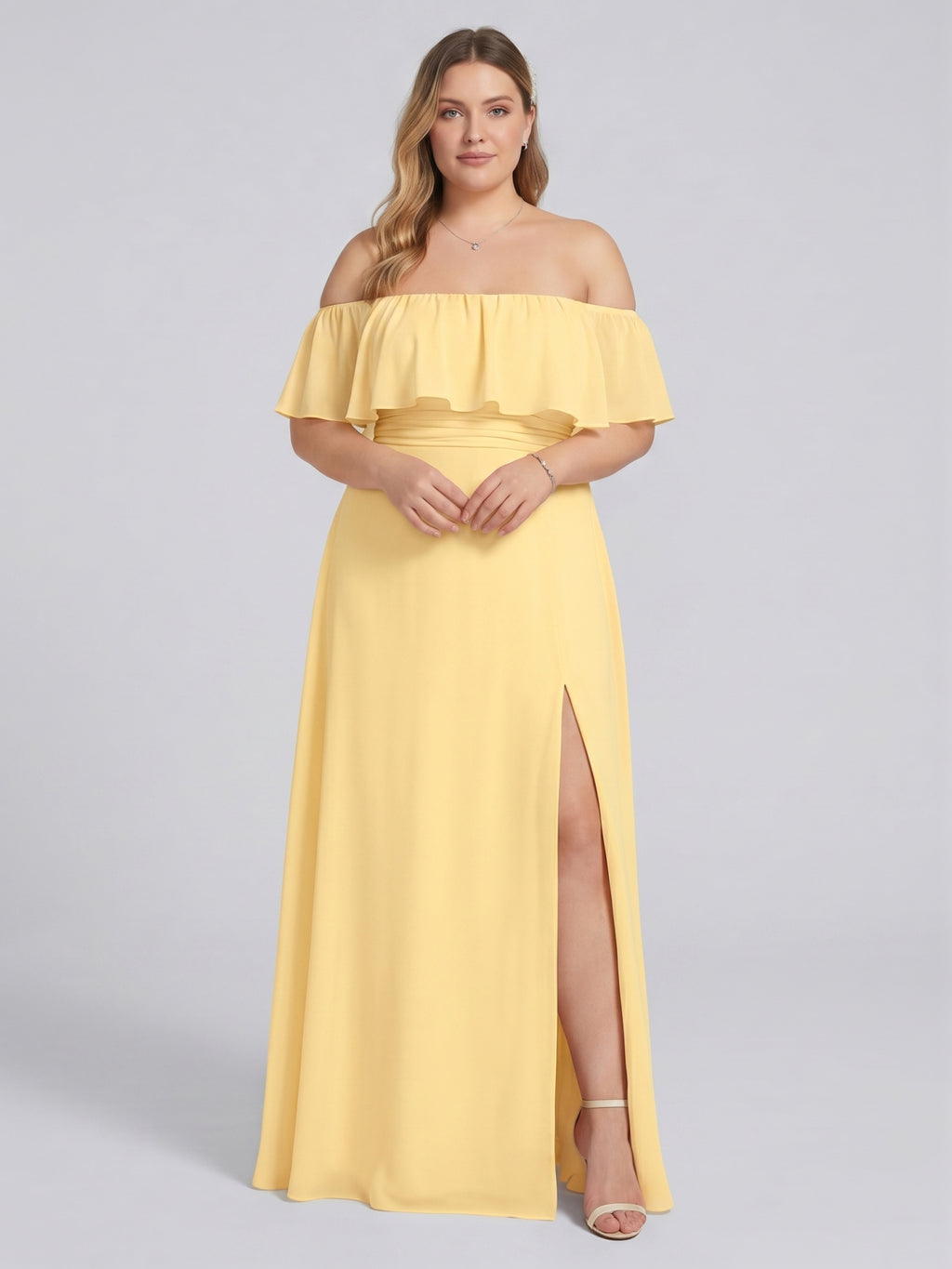 Elegant Daffodil Chiffon A-Line Straight Neck Backless Ankle-Length Plus Size Bridesmaid Dress