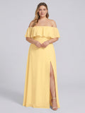 Elegant Daffodil Chiffon A-Line Straight Neck Backless Ankle-Length Plus Size Bridesmaid Dress