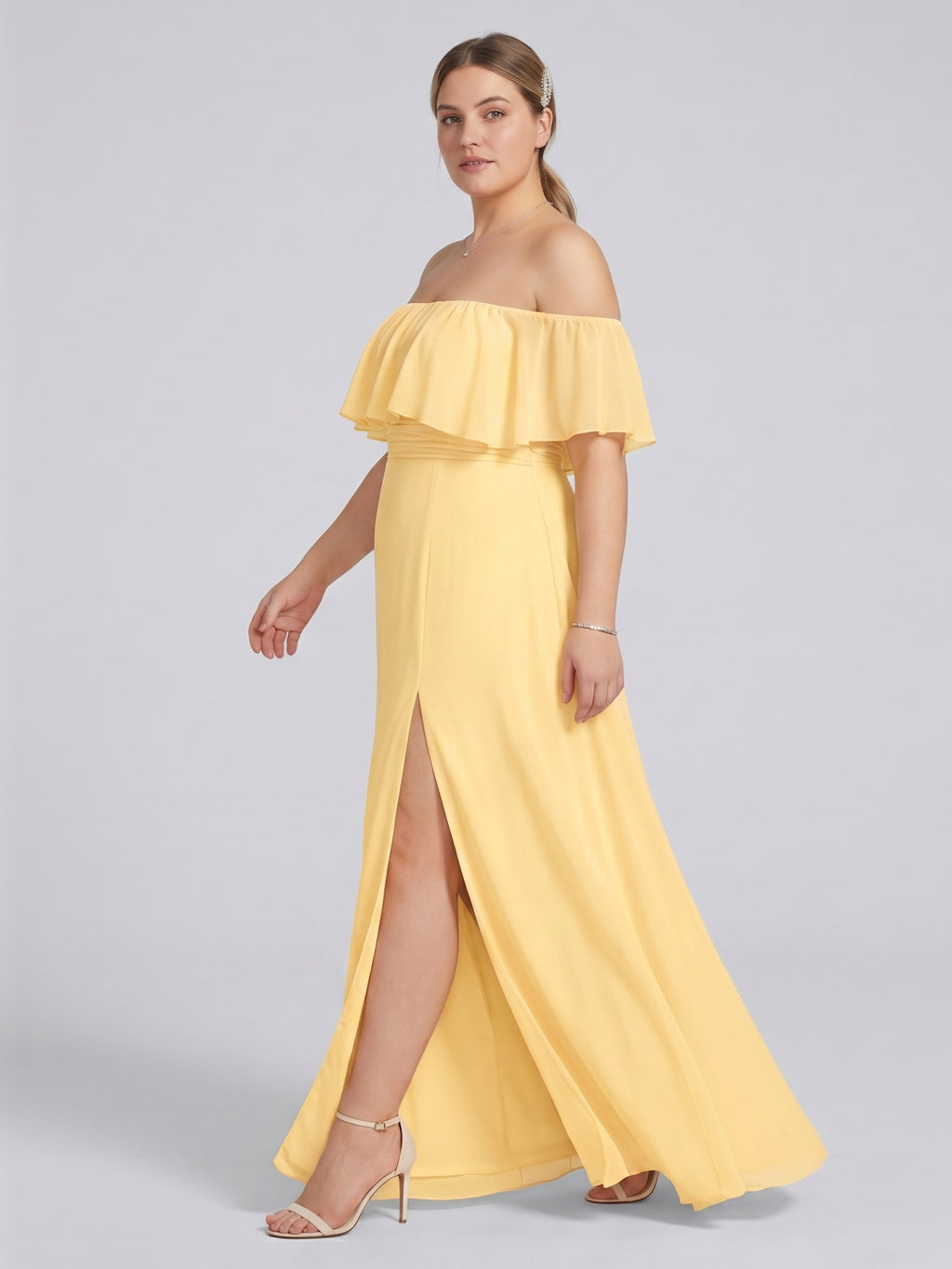 Elegant Daffodil Chiffon A-Line Straight Neck Backless Ankle-Length Plus Size Bridesmaid Dress
