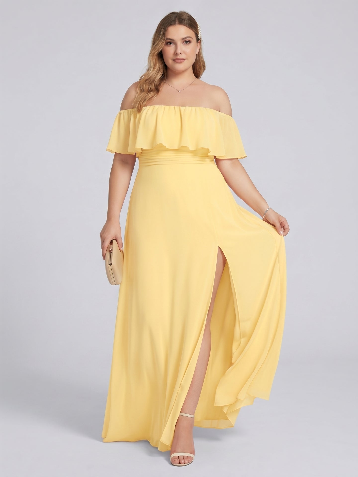 Elegant Daffodil Chiffon A-Line Straight Neck Backless Ankle-Length Plus Size Bridesmaid Dress