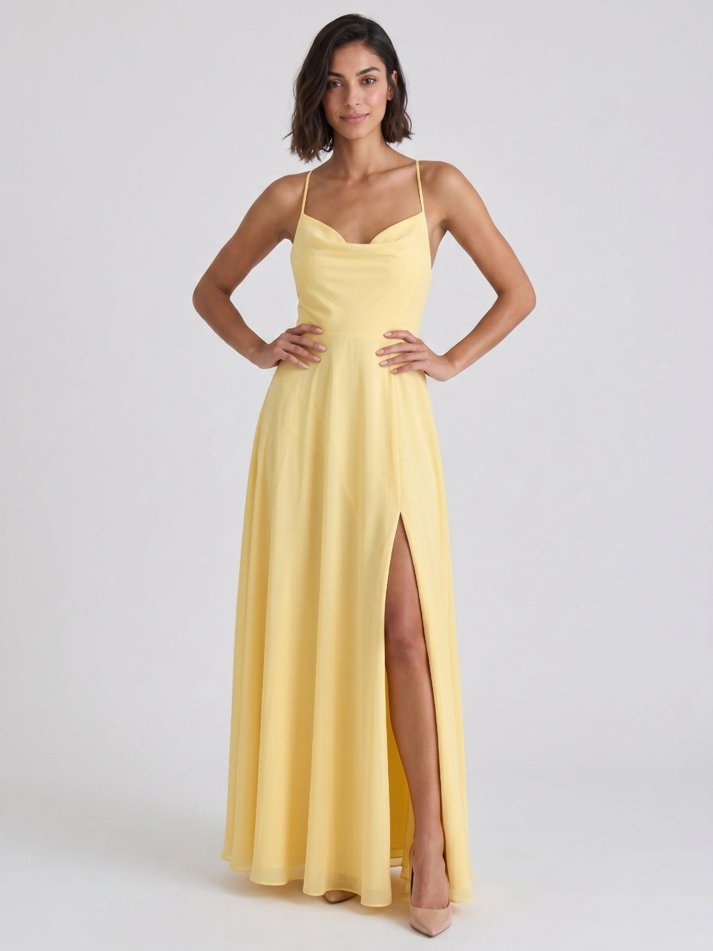 Daffodil Chiffon A-Line Cowl Neck Criss-Cross Straps Floor-Length Formal Dress with Pleating