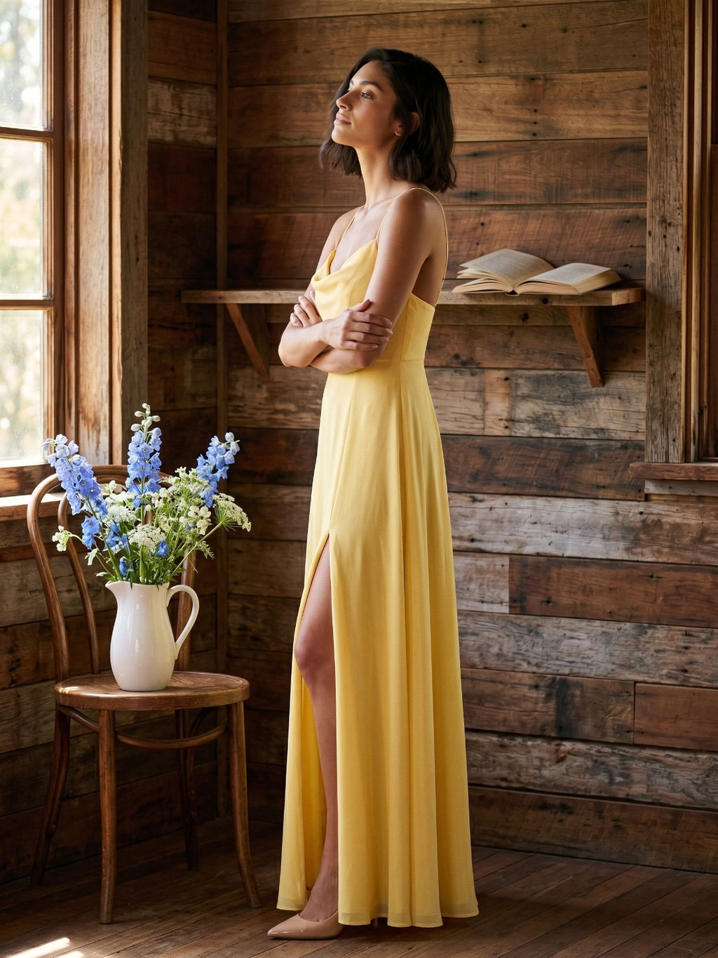 Daffodil Chiffon A-Line Cowl Neck Criss-Cross Straps Floor-Length Formal Dress with Pleating