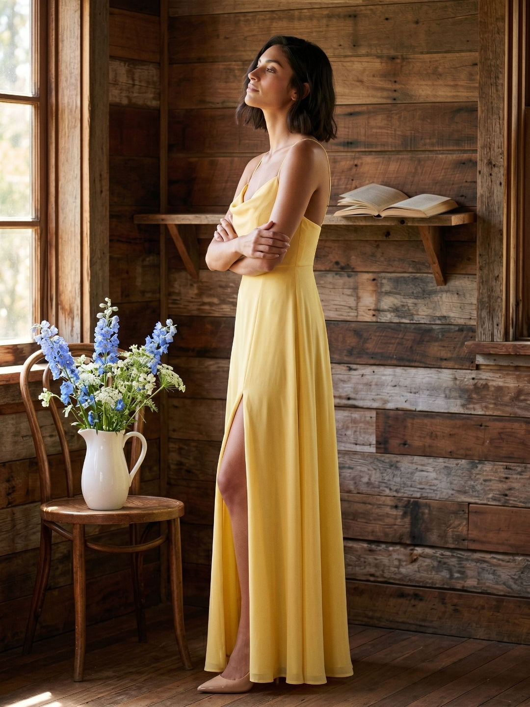 Daffodil Chiffon A-Line Cowl Neck Criss-Cross Straps Floor-Length Formal Dress with Pleating