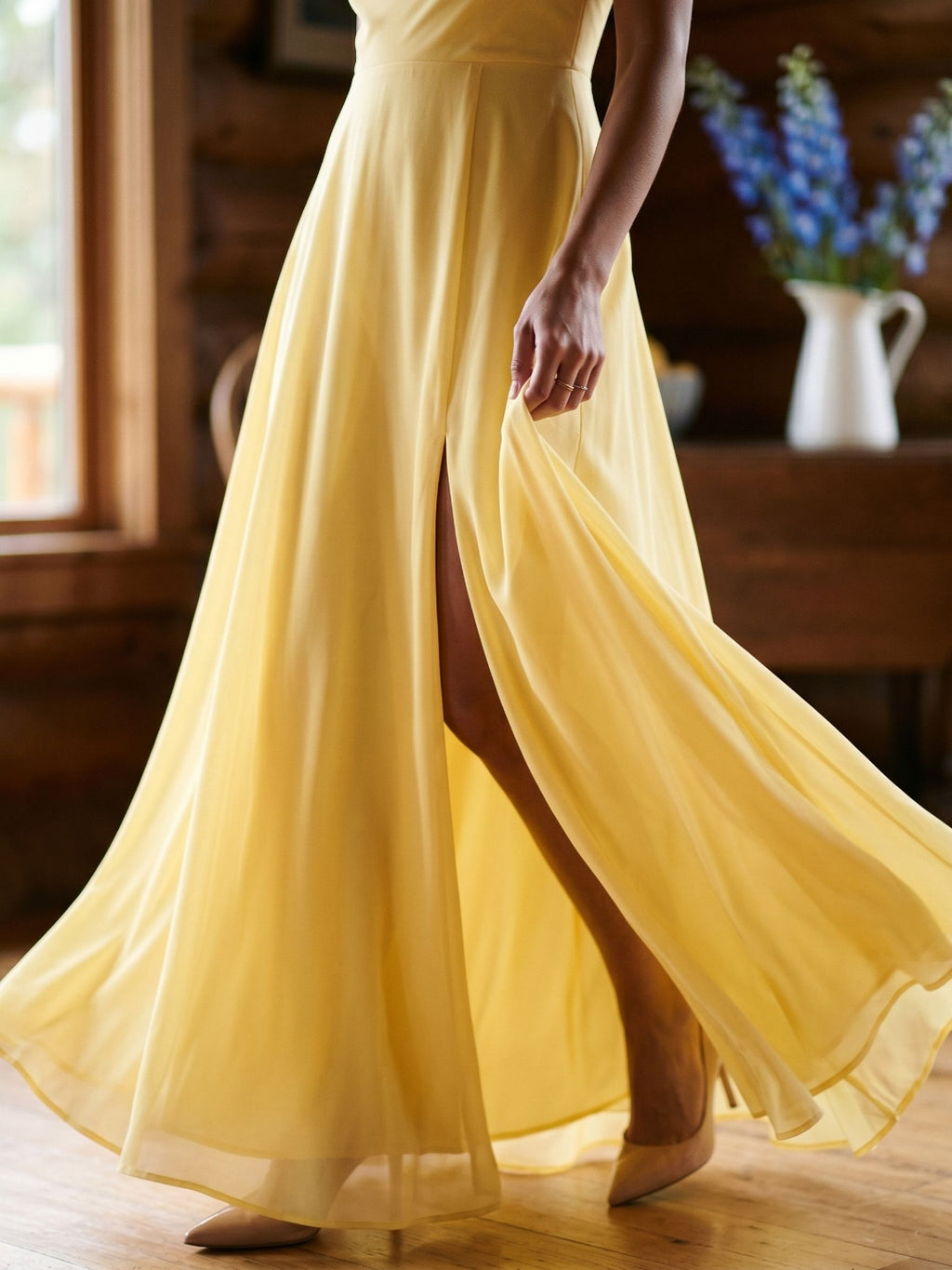 Daffodil Chiffon A-Line Cowl Neck Criss-Cross Straps Floor-Length Formal Dress with Pleating