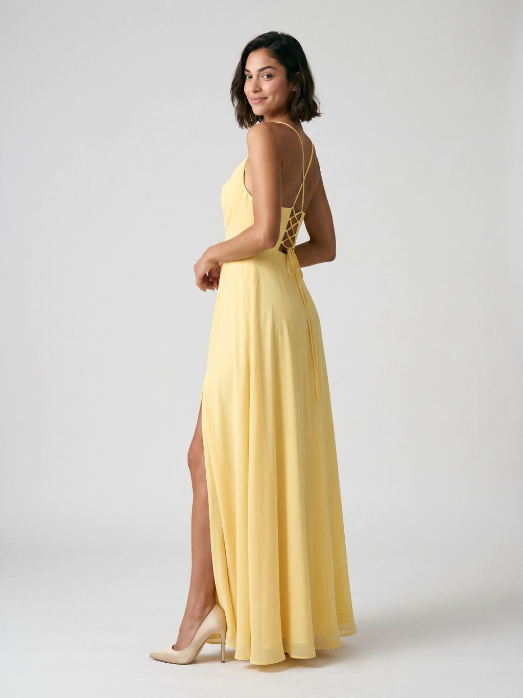 Daffodil Chiffon A-Line Cowl Neck Criss-Cross Straps Floor-Length Formal Dress with Pleating